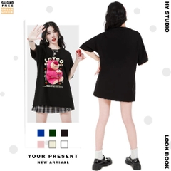 Áo thun tay lỡ HY KOREA form rộng unisex cotton 100 Gấu Lotso ôm trà sữa 1291