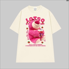 Áo thun tay lỡ HY KOREA form rộng unisex cotton 100 Gấu Lotso ôm trà sữa 1291