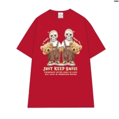 Áo thun form rộng HY KOREA Gấu đôi yếm nâu 1294 Cotton 100 Nam Nữ tay lỡ