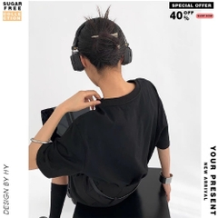 Áo thun form rộng HY KOREA Gấu đôi yếm nâu 1294 Cotton 100 Nam Nữ tay lỡ