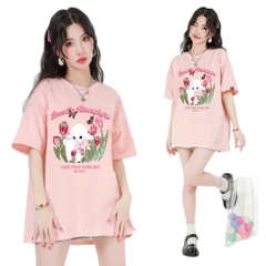 Áo thun tay lỡ HY KOREA Cừu hoa Tulip 1402 nam nữ cotton 75% form rộng