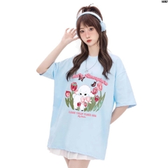 Áo thun tay lỡ HY KOREA Cừu hoa Tulip 1402 nam nữ cotton 75% form rộng