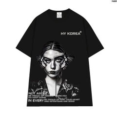 Áo Thun HY KOREA 100% Cotton Butterfly Girl Art 1420 Form Rộng Unisex Tay Lỡ