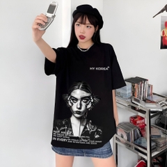 Áo Thun HY KOREA 100% Cotton Butterfly Girl Art 1420 Form Rộng Unisex Tay Lỡ