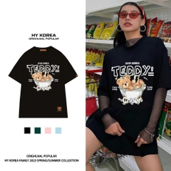 Áo thun unisex Teddy Cheer 1437 HY KOREA form rộng tay lỡ nam nữ