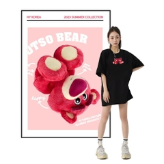 Áo thun tay lỡ Gấu dâu xoay đầu 1441 HY KOREA form rộng tay lỡ unisex