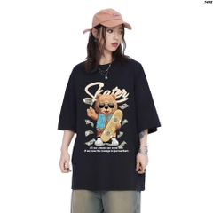 Áo phông unisex HY KOREA Gấu Skater 1455 form rộng tay lỡ cotton 75