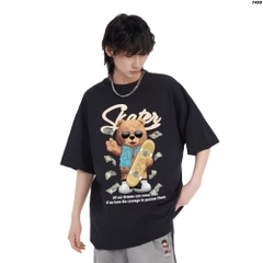 Áo phông unisex HY KOREA Gấu Skater 1455 form rộng tay lỡ cotton 75