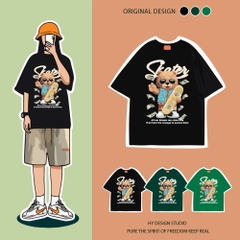 Áo phông unisex HY KOREA Gấu Skater 1455 form rộng tay lỡ cotton 75