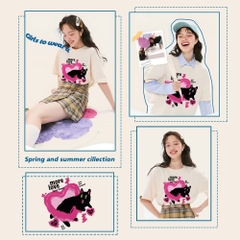 Áo phông nam nữ HY KOREA Black Cat 1473 form rộng tay lỡ