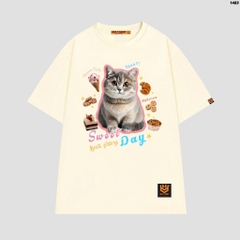 Áo phông tay lỡ HY KOREA Mèo Sweet Day 1483 form rộng unisex couple
