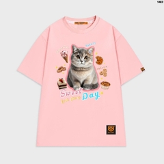 Áo phông tay lỡ HY KOREA Mèo Sweet Day 1483 form rộng unisex couple