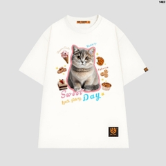 Áo phông tay lỡ HY KOREA Mèo Sweet Day 1483 form rộng unisex couple