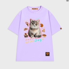 Áo phông tay lỡ HY KOREA Mèo Sweet Day 1483 form rộng unisex couple