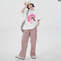 Áo phông tay lỡ HY KOREA Mèo Cherry Heart 1484 form rộng unisex couple