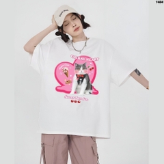 Áo phông tay lỡ HY KOREA Mèo Cherry Heart 1484 form rộng unisex couple