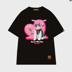 Áo phông tay lỡ HY KOREA Mèo Cherry Heart 1484 form rộng unisex couple
