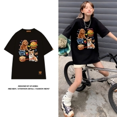 Áo thun tay lỡ HY KOREA Dog and Hamburger 1485 form rộng unisex couple