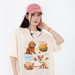 Áo thun tay lỡ HY KOREA Dog and Hamburger 1485 form rộng unisex couple