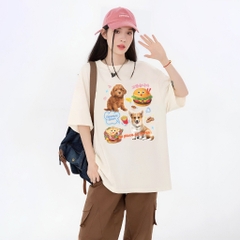 Áo thun tay lỡ HY KOREA Dog and Hamburger 1485 form rộng unisex couple