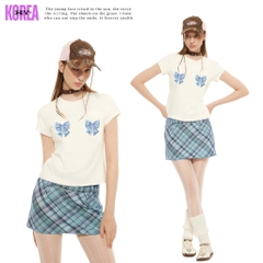 Baby Tee HY KOREA 2 Nơ Xanh cute 1654 Chất vải cotton cổ rộng