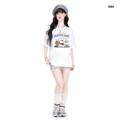 Áo thun HY KOREA 3 cún happy days 1964 form rộng tay lỡ unisex dễ thương