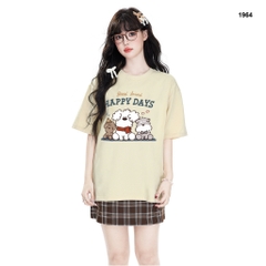 Áo thun HY KOREA 3 cún happy days 1964 form rộng tay lỡ unisex dễ thương