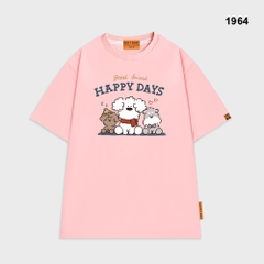 Áo thun HY KOREA 3 cún happy days 1964 form rộng tay lỡ unisex dễ thương