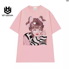Áo phông nữ HY KOREA form rộng tay lỡ unisex chất vải cotton 100 in Cô gái sticker mèo 1268
