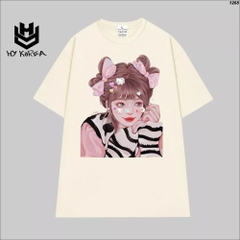 Áo phông nữ HY KOREA form rộng tay lỡ unisex chất vải cotton 100 in Cô gái sticker mèo 1268