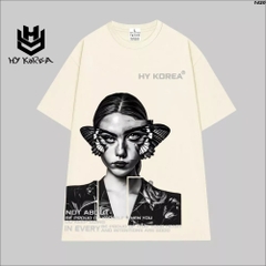 Áo Thun HY KOREA 100% Cotton Butterfly Girl Art 1420 Form Rộng Unisex Tay Lỡ