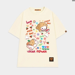 Áo thun unisex HY KOREA Gấu nâu lucky day 1214 cotton 75% form rộng tay lỡ