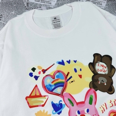 Áo Thun HY KOREA Cotton 100 Tay Lỡ Unisex Thỏ mèo art 1238 Form Rộng