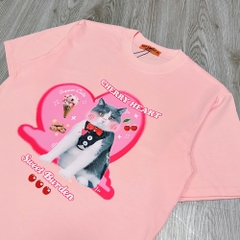 Áo phông tay lỡ HY KOREA Mèo Cherry Heart 1484 form rộng unisex couple