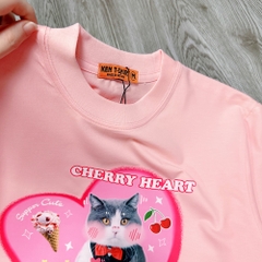 Áo phông tay lỡ HY KOREA Mèo Cherry Heart 1484 form rộng unisex couple