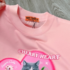 Áo phông tay lỡ HY KOREA Mèo Cherry Heart 1484 form rộng unisex couple