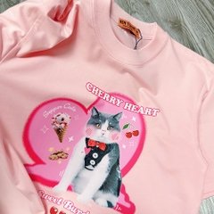 Áo phông tay lỡ HY KOREA Mèo Cherry Heart 1484 form rộng unisex couple