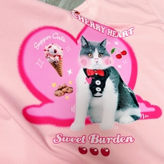 Áo phông tay lỡ HY KOREA Mèo Cherry Heart 1484 form rộng unisex couple