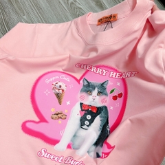 Áo phông tay lỡ HY KOREA Mèo Cherry Heart 1484 form rộng unisex couple