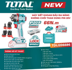 Máy siết vít đa năng dùng pin 20V 66Nm TOTAL TDLI206686 (kèm 2 pin + sạc)