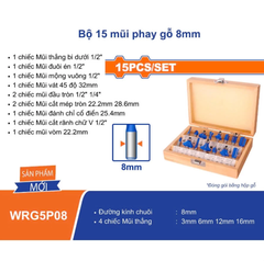 Bộ 15 mũi phay gỗ 8mm Wadfow WRG5P08