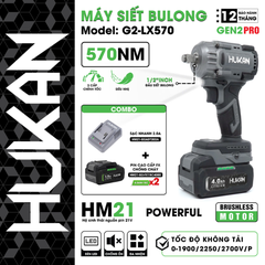 Máy siết bu lông pin 570Nm, đầu 1/2inch Gen 2 Hukan G2-LX570