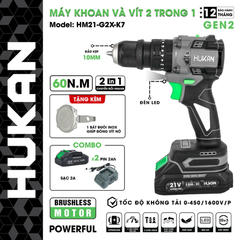 Máy khoan, vặn vít pin 3 chức năng 10mm Gen 2 Hukan HM21-G2X-K7