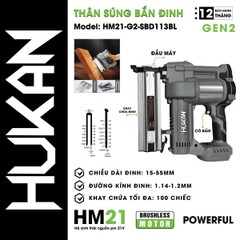 Thân súng bắn đinh gỗ pin 21v F50 Hukan HM21-G2-SBD113BL
