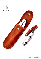 Phụ kiện khui rượu ốp gỗ bao da nâu