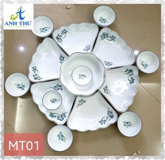 Bộ mặt trời men trắng vẽ hoa sen xanh HL