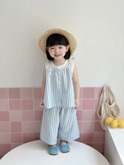 Set kẻ xanh thêu áo phối ren quần suông
