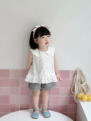 Set áo sơ mi trái tim ghi và quần short gập gấu
