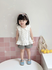 Set áo sơ mi trái tim ghi và quần short gập gấu