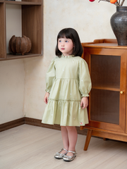 Váy dài tay cổ bèo xanh mint tim trắng